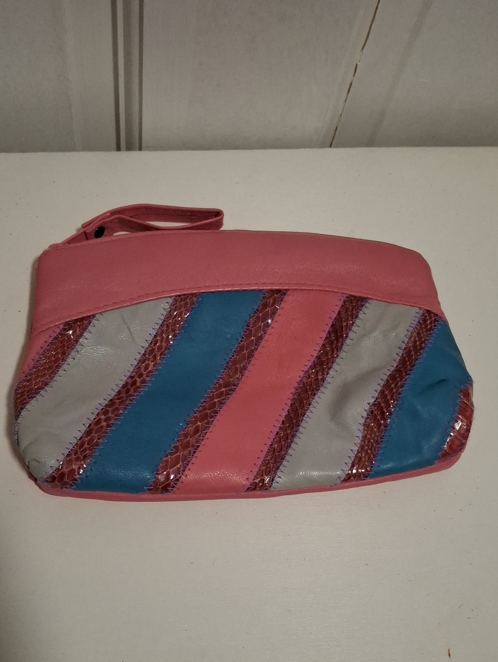 Pink Multi-Stripe Wristlet Clutch with Blue and Gray Panels